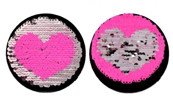 Applikation - Aufbügler - Wendepaillette Kreis mit Herz - silber/pink - 85 mm